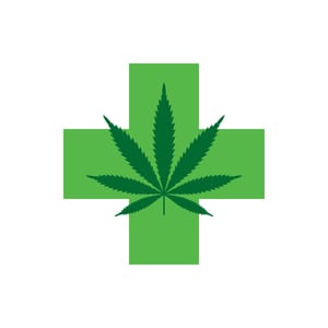 image of green cross with a green marijuana leaf on top of it