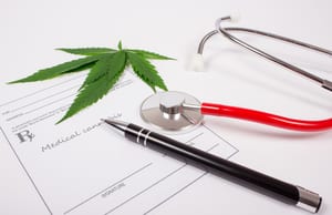 photo of a prescription pad with "medical cannabis" written on it, a stethoscope, and a pen, showing that medical marijuana for lupus could be really helpful