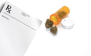 image of an RX notepad with a pill bottle with marijuana buds falling out