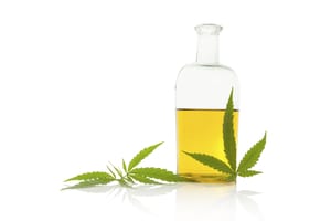 image of a white background with a glass bottle filled with oil and two marijuana leaves around the bottle