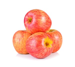 image of 3 red gala apples on bottom with one apple stacked on top in front of a white background