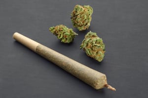 photo of a nicely wrapped joint next to three small nugs of bud