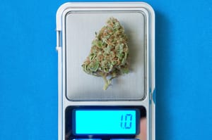 image of a blue background with a marijuana bud on a scale reading 1 gram