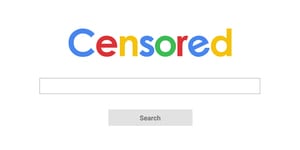 doctored image of the google homepage and search bar except "GOOGLE" has been replaced with "Censored"
