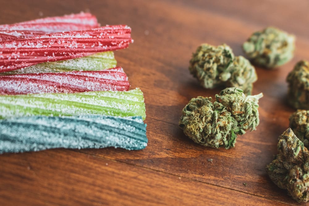 cannabis sour candy and buds