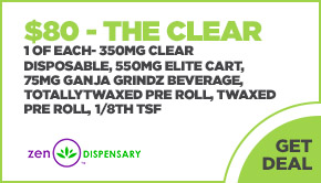 $80 - The Clear: 1 of each- 350mg Clear Disposable, 550mg Elite Cart, 75mg Ganja Grindz Beverage, TotallyTWAXED pre roll, TWAXED pre roll, 1/8th TSF